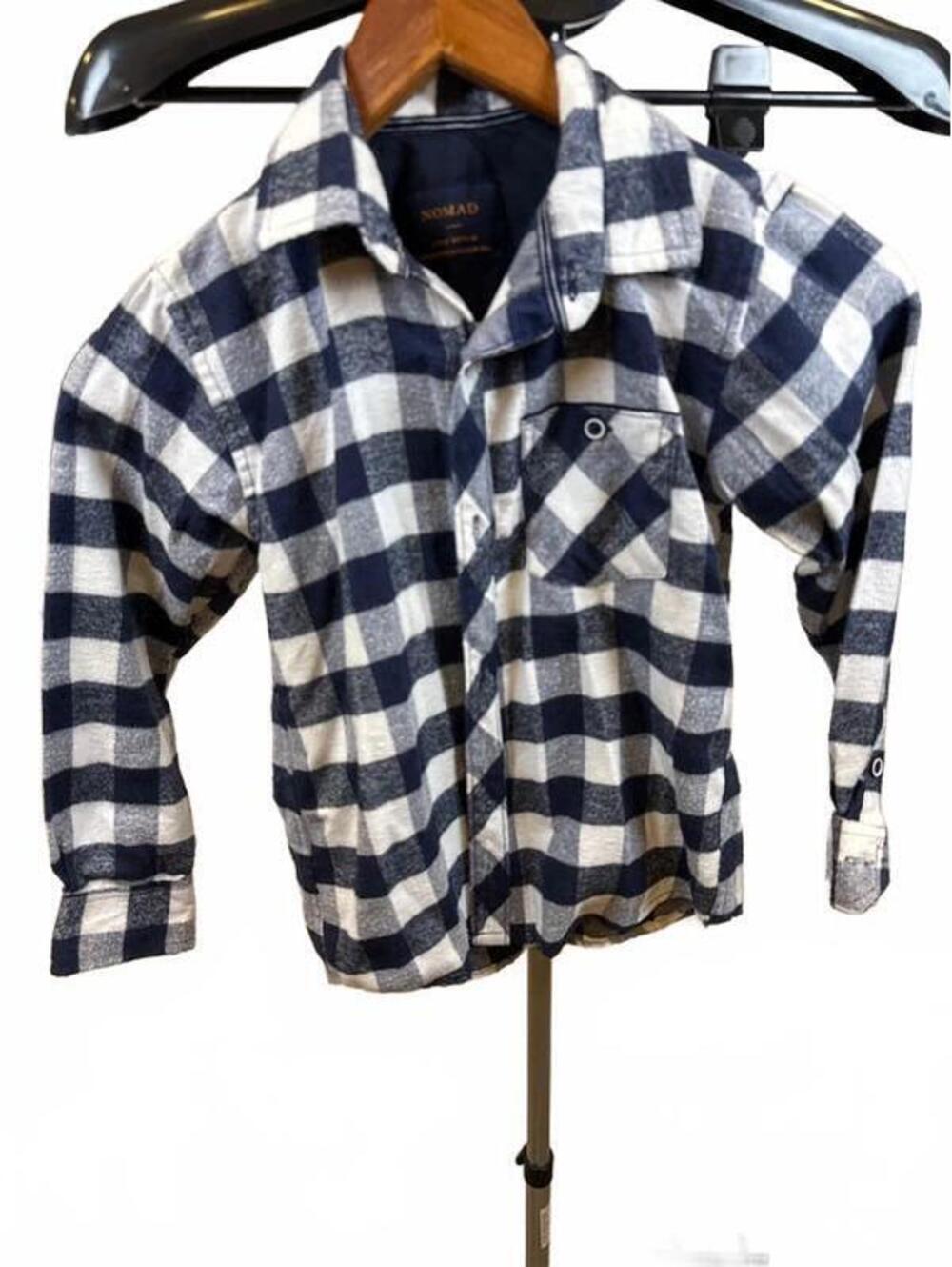 Nomad boys, long sleeve button shirt, navy white flannel buffalo size 5
